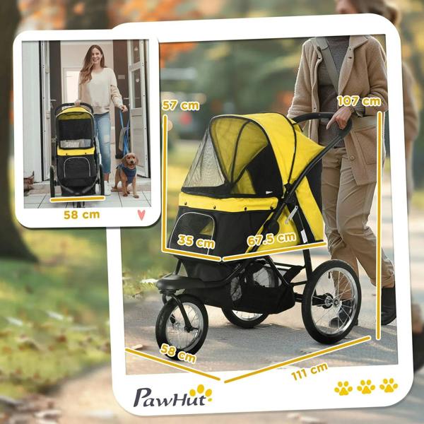 Yellow pet stroller jogger with mesh canopy and black frame, shown with size layout