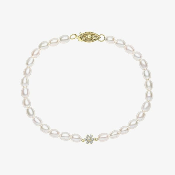 T. H. Baker 9ct Yellow Gold Flower Diamond Freshwater Pearl Beaded Bracelet GB531W