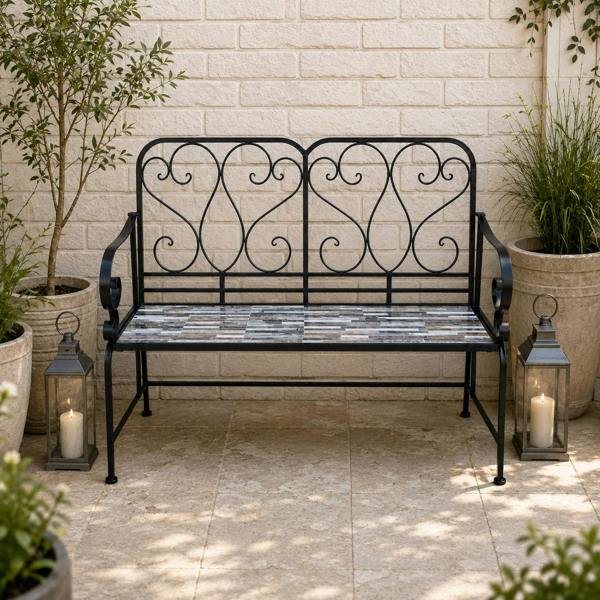 Oasis Mosaic 2 Seater Garden Bench, 112cm Outdoor Patio Seat with Ceramic Tile Seat, Scrollwork Backrest & Metal Frame image 1