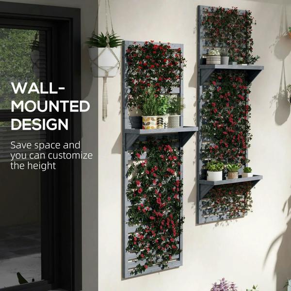 Grey wall-mounted plant trellis with tiered shelves and climbing slats