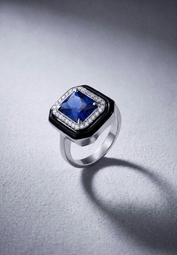 Latelita Art Deco Sapphire & Enamel Cocktail Ring Silver