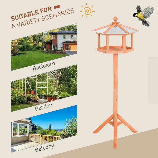 Wooden bird feeder gazebo stand with hexagonal open platform and tripod legs