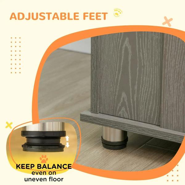 Dog crate table adjustable feet feature graphic showing base for uneven floors