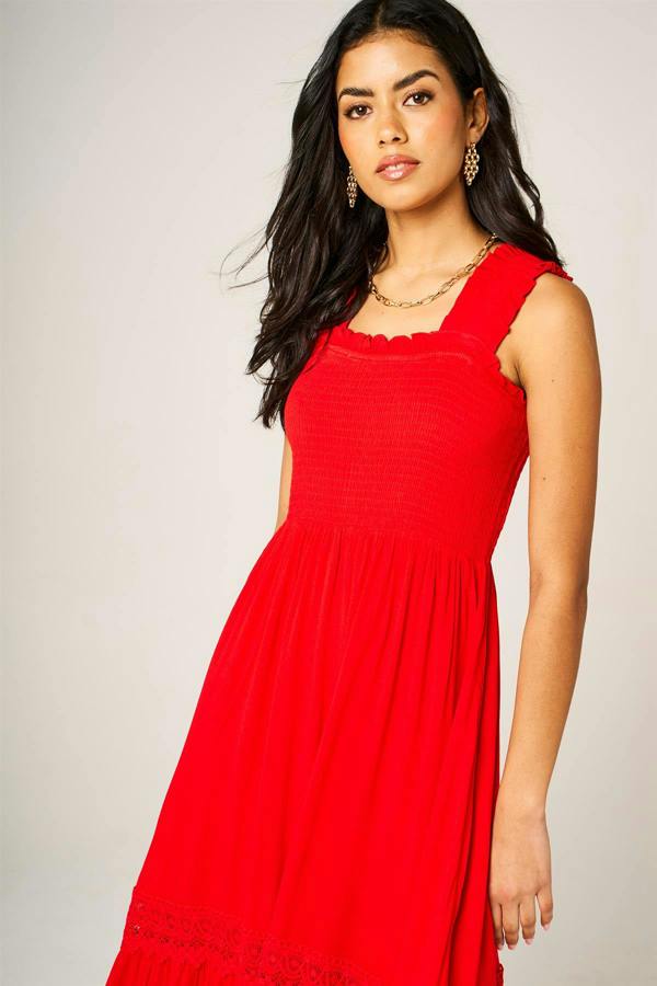 FS Collection Lace Detail Tiered Maxi Dress In Red
