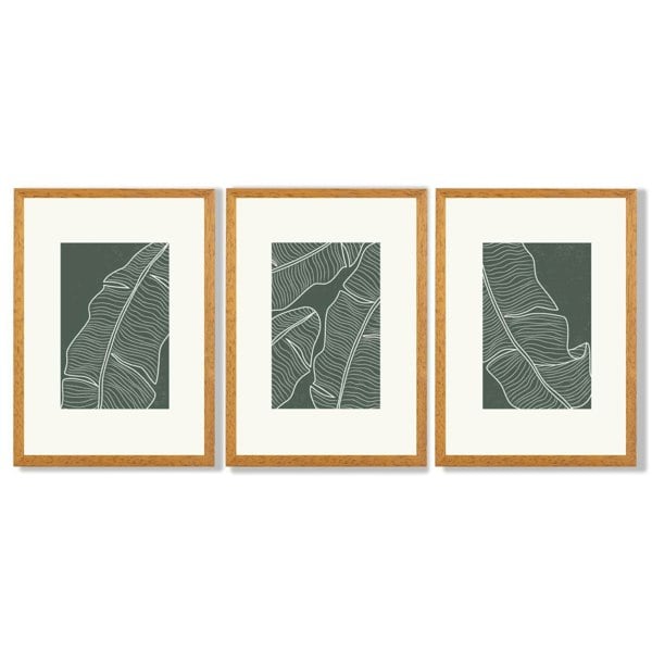 Set of 3 Minimal Green and Cream Botanical Leaves Framed Art Prints with Oak Wooden Frames
