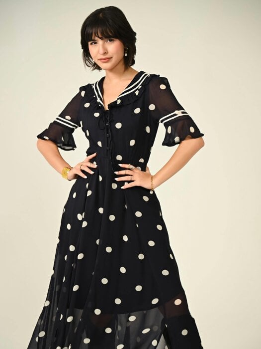 Rose & Nancy Audrey Navy Polka Print Collar Detail Maxi Dress