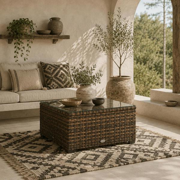 Wyld Haus Nolone Brown Rattan Outdoor Glass Top Side Table