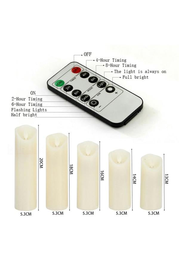 Living and Home 5Pcs Ivory LED Pillar Flameless Candles with Remote–Flickering Flame, Dimmable & Timer