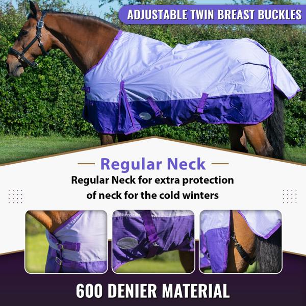 eQuitack 600D Outdoor Winter Lightweight Waterproof Horse Turnout Rug 0g No Fill Regular Neck Nylon Lined Double Buckle Lavender/Purple