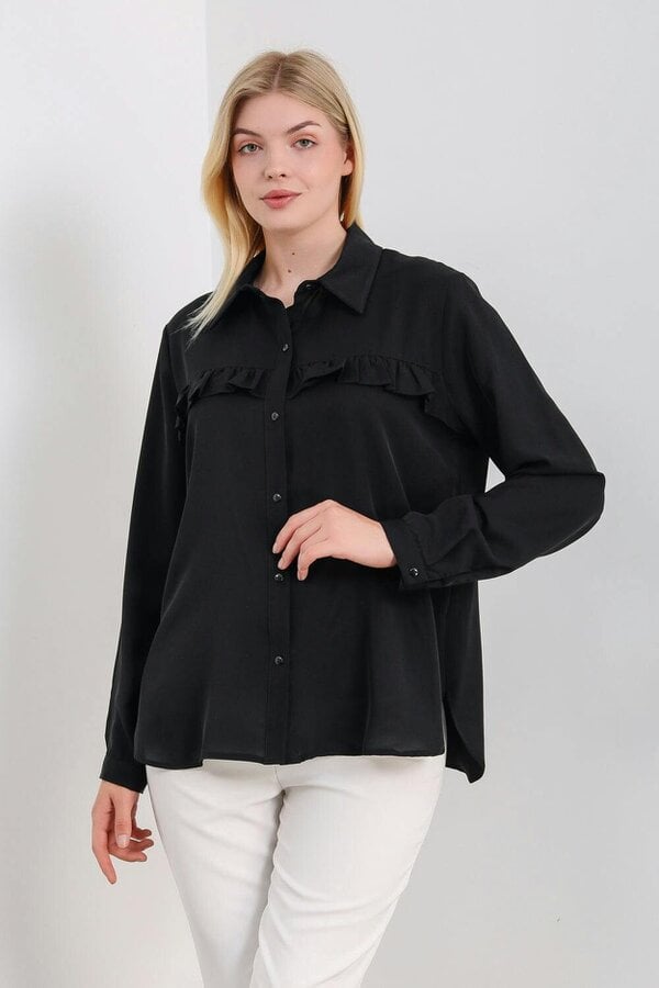 Hoxton Gal Oversized Long Sleeves Blouse with Brooch Details in Black