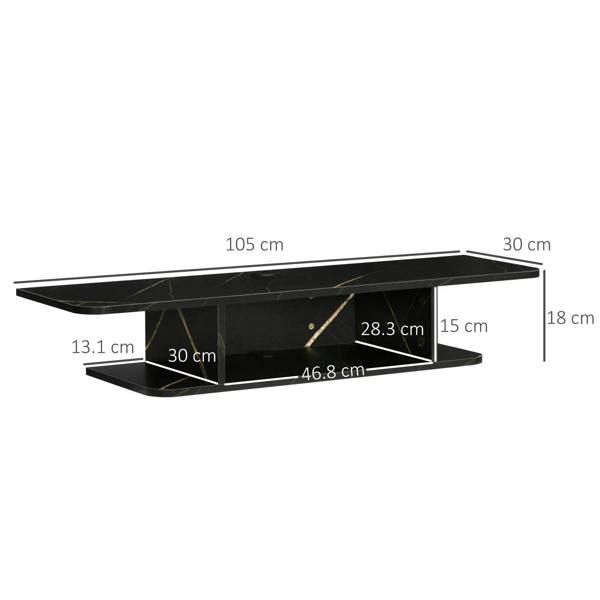 Black floating TV console with two shelves and gold-vein accents