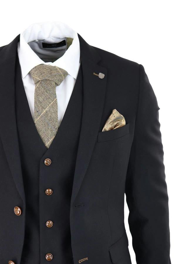 Paul Andrew Mens Black 3 piece Suit Brown Trim Classic Birdseye Vintage Wedding Grooms