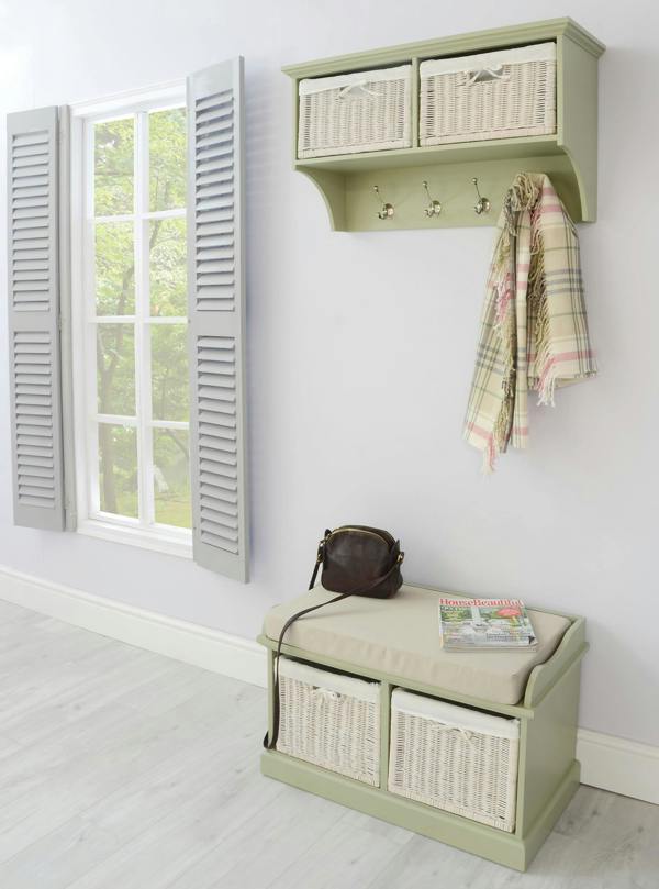 Statement Furniture Tetbury Hanging Shelf with 2 White Wicker Baskets. Wallmounted Coat Rack Assembled