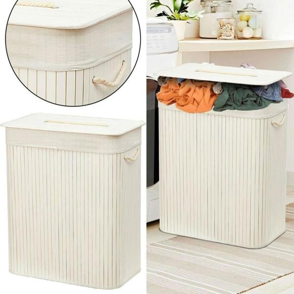 Dyzi Rectangular Bamboo Laundry Basket with Divider Lid Rope Handles White