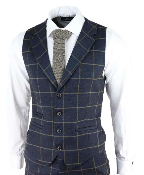 TruClothing Mens Navy Blue Check 3 Piece Tweed Suit Peaky Blinders 1920s Gatsby Tailored Fit