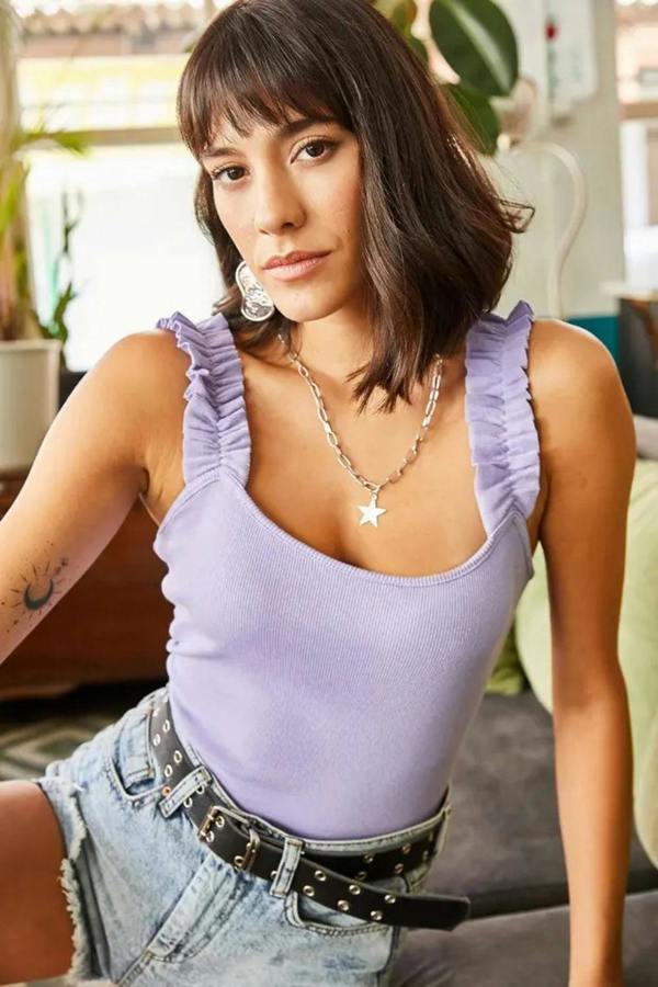 Hoxton Gal Ruffled Strap Stretch Ribbed Blouse