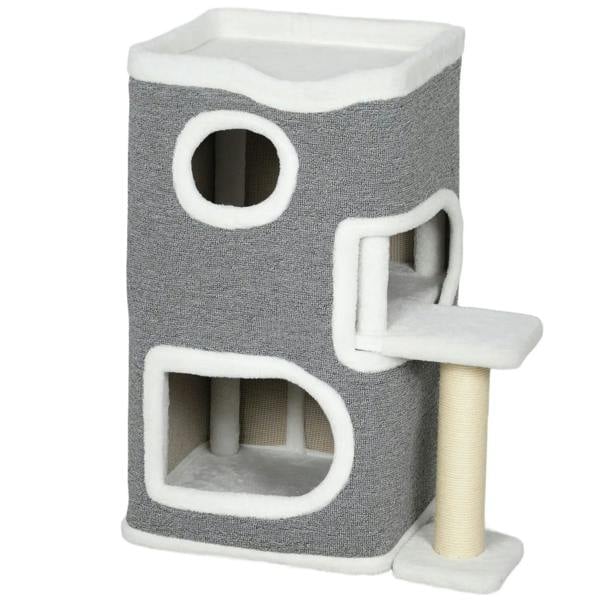 Grey cat tree condo with circular entrance holes, lower window, and sisal scratching post