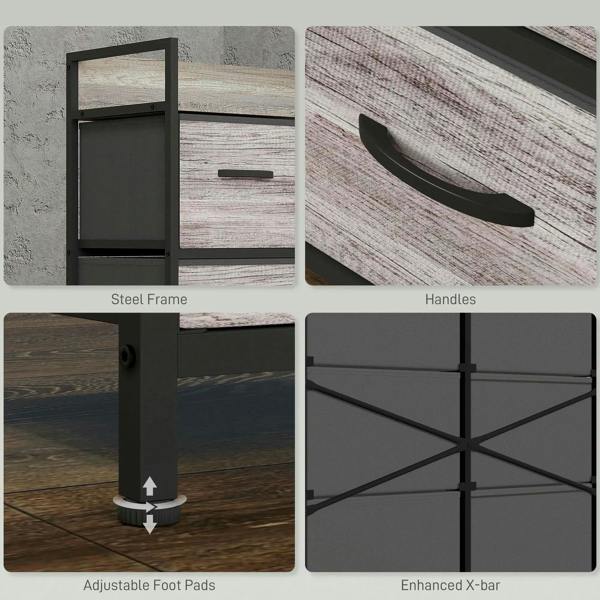 Steel frame, black handles, adjustable foot pads, and X-bar design for fabric drawers