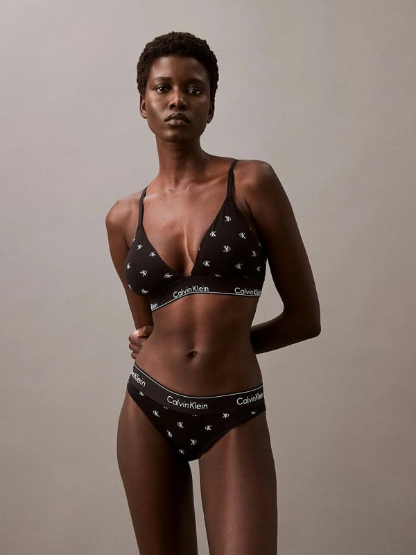 Calvin Klein MODERN COTTON Womens Triangle Bra Black Diamond Logo Print
