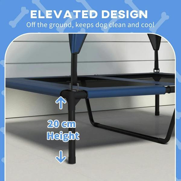 Elevated dog bed with dark blue base and black legs; raised 20 cm height shown