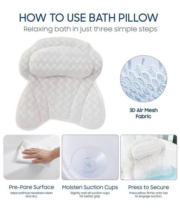 ADOV Bath Pillow, Ergonomic 4D Air Mesh Headrest Cushion with 6 Suction Cups for Head, Neck and Back Support