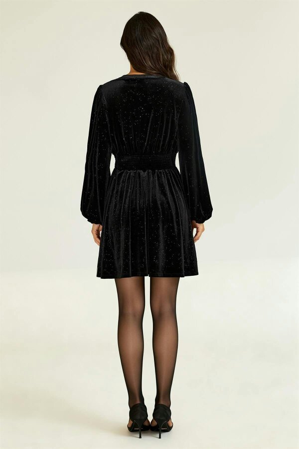 FS Collection Sparkly Star Night Velvet Long Sleeve Mini Dress In Black