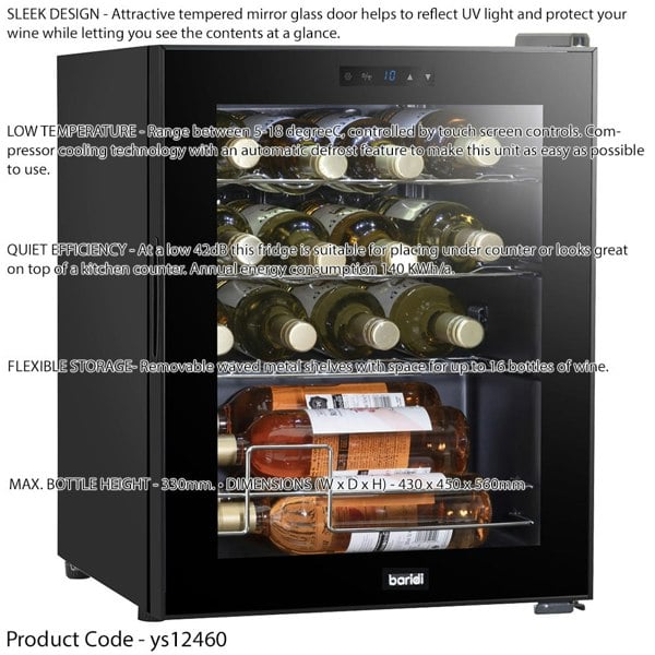 16 Bottle Freestanding Wine Cooler Fridge & Metal Shelves - LED BLACK & GLASS - LoopsDirect