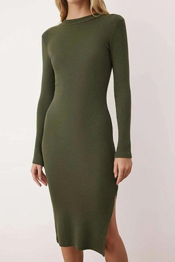 WOVCOR Crew Neck Midi Ribbed Stretch Knit Pencil Dress with Slit