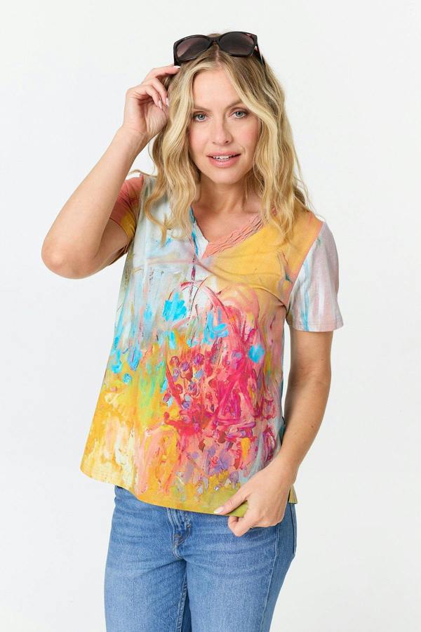 Blue | Abstract Short Sleeve V-Neck Top
