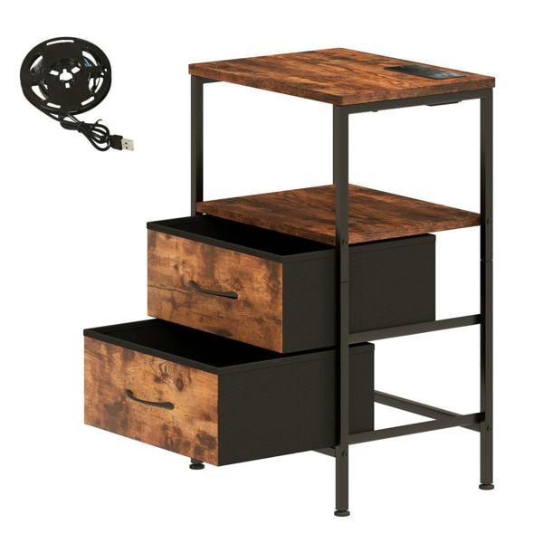 Levede LED Bedside Table 2 Drawers USB Ports Sofa End Table in Brown Black