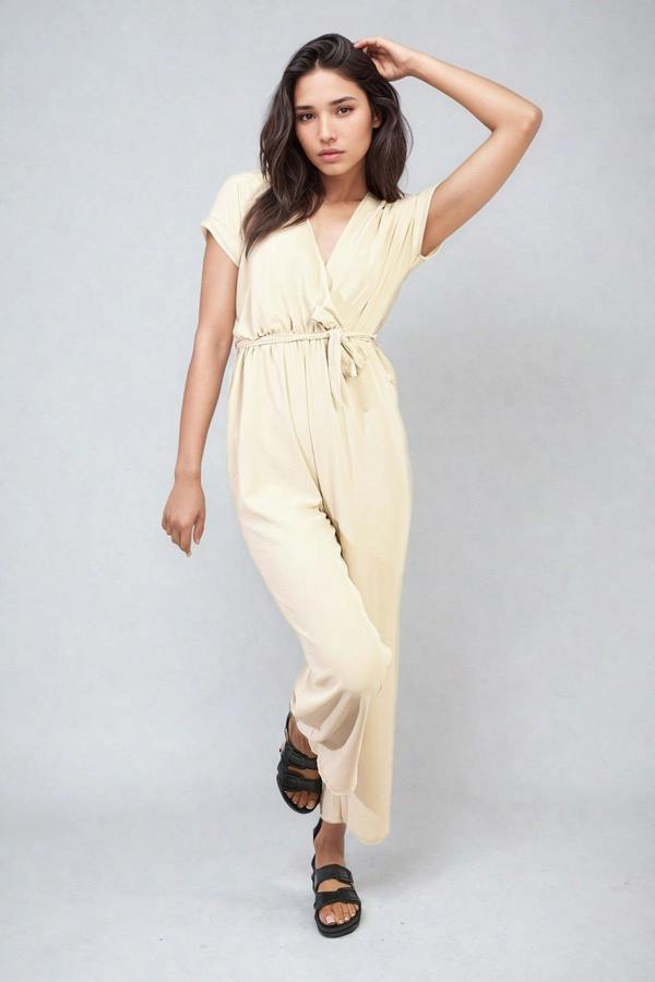 Alessandra Belted V Neck Jumpsuit With Side Pockets - Beige