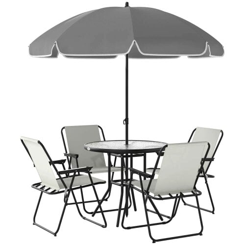 Bobobiy 4 Seater Garden Set, 6 Pieces Garden Table and Chairs with Parasol, Cream White