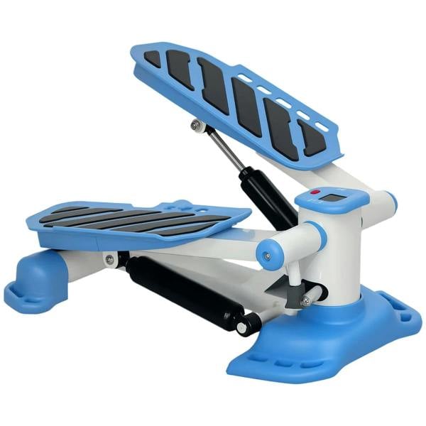 Blue mini stepper with anti-skid pedals and white frame, compact exercise step machine