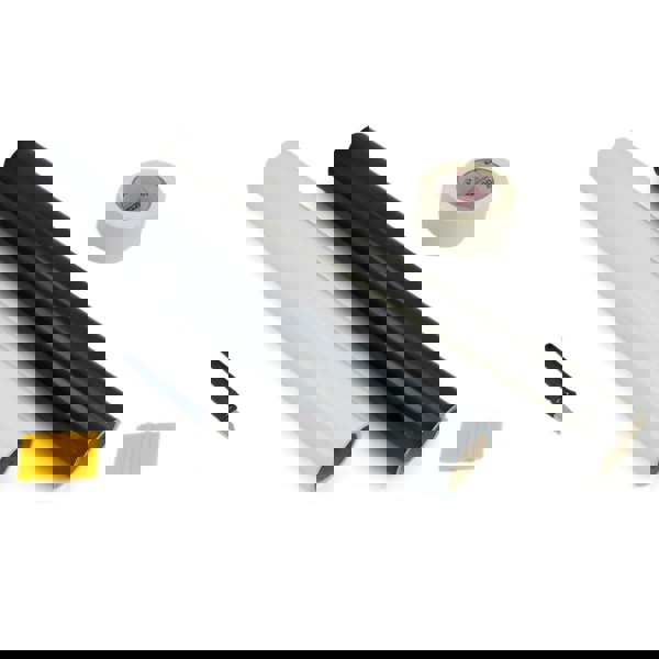 PixMax Vinyl Cutter Plotter Weeding Pack with black and white vinyl rolls, a squeegee, knife, and transfer tape for crafting