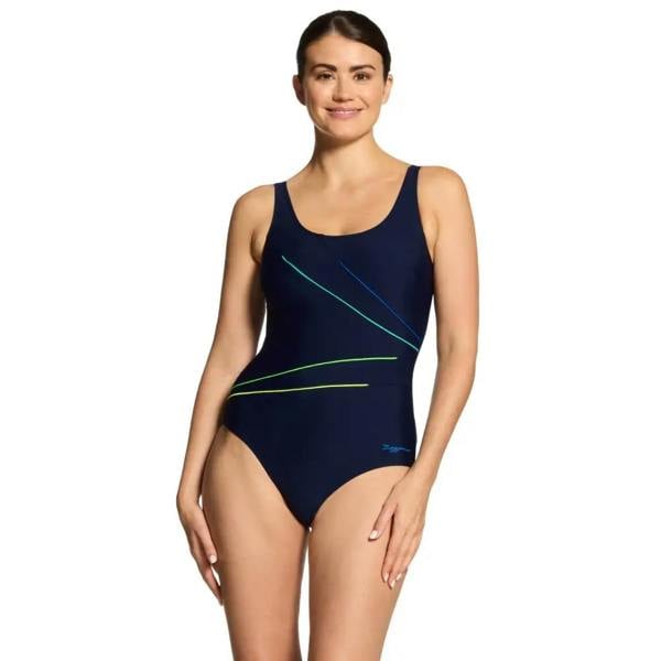 Navy Zoggs Macmaster scoopback swimsuit with green accents