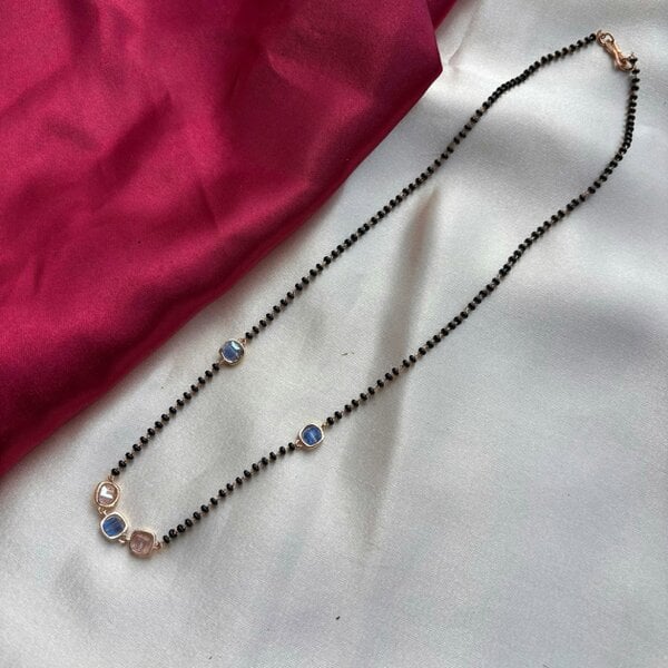 The Colourful Aura Black bead 18ct gold plated blue stone slim mangalsutra Pendant Necklace