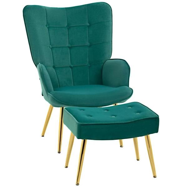 Dark green upholstered wingback accent chair with matching ottoman and gold legs