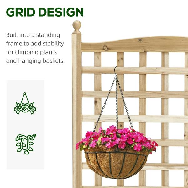 Wood garden trellis with hanging chain basket and horizontal support bars