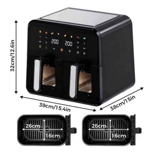Spector 12L Dual Zone Air Fryer 2600W Oil Free Oven Cooker Touch Control Black