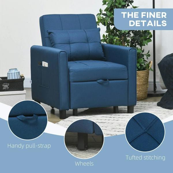 Blue chair bed with pull-strap detail, tufted stitching, and wheels on the base