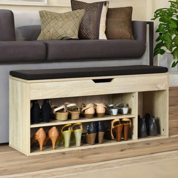 Rafaelo Mobilia Shoe Storage Bench With Cushioned Seat 103CM Natural Brown