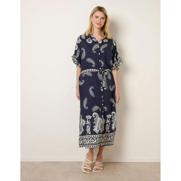 Blue Vanilla Paisley Print Belted Shirt Dress