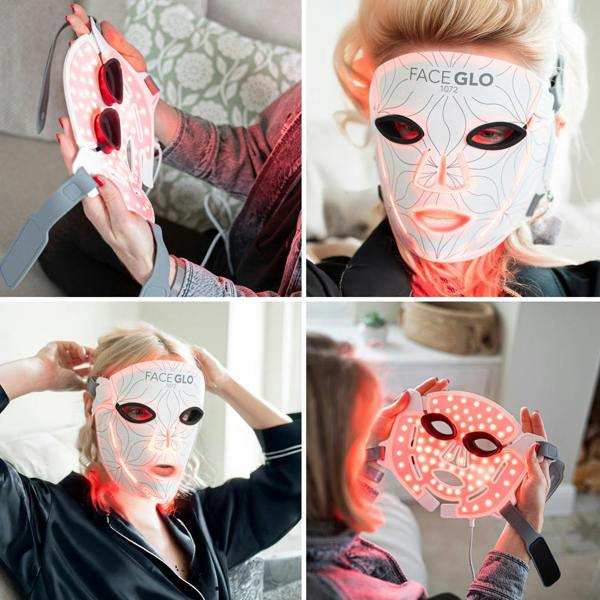 A woman is shown in different poses wearing and holding the Rio FaceGLO with Photology Chlorophyll Light Masque as its treatment wavelengths emit a red glow.