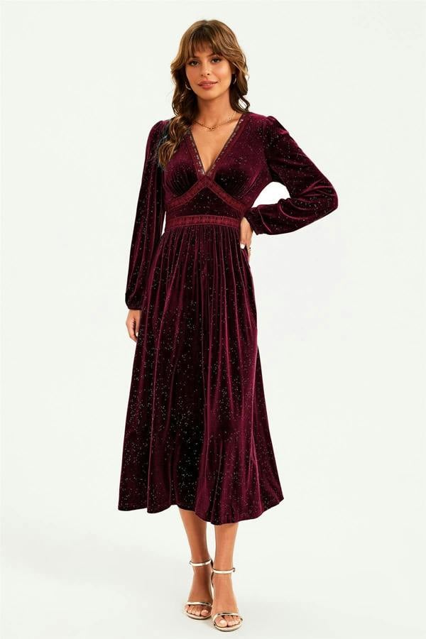 FS Collection Silver Foil Velvet Lace Trim Neckline Midi Dress In Wine