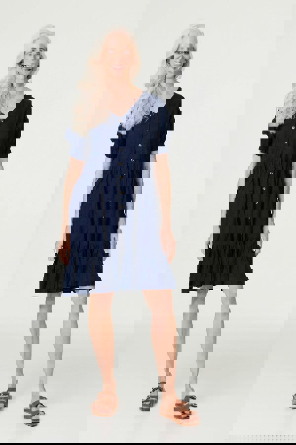 Navy | Embossed V-Neck Knee Length Dress