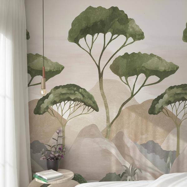 Grandeco Ovledo Abstract Painted Trees and Mountains 3 panel repeatable Mural 1.59 x 2.8m