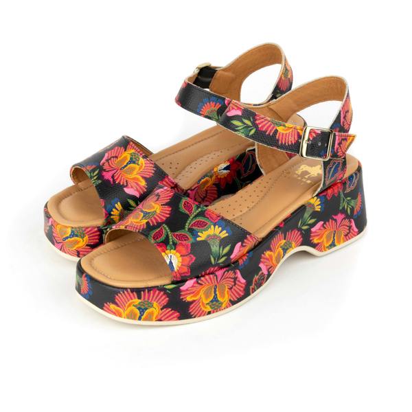 Embassy London Palm Rise - Red Flowers - Women's Leather Platform Sandal