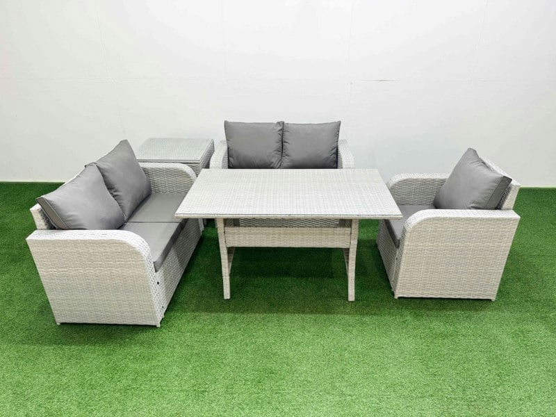 Fimous High Back Poly Rattan Garden Furniture Set - Light Grey Indoor/Outdoor Patio Set with Reclining Chair & Rectangular Dining Table
