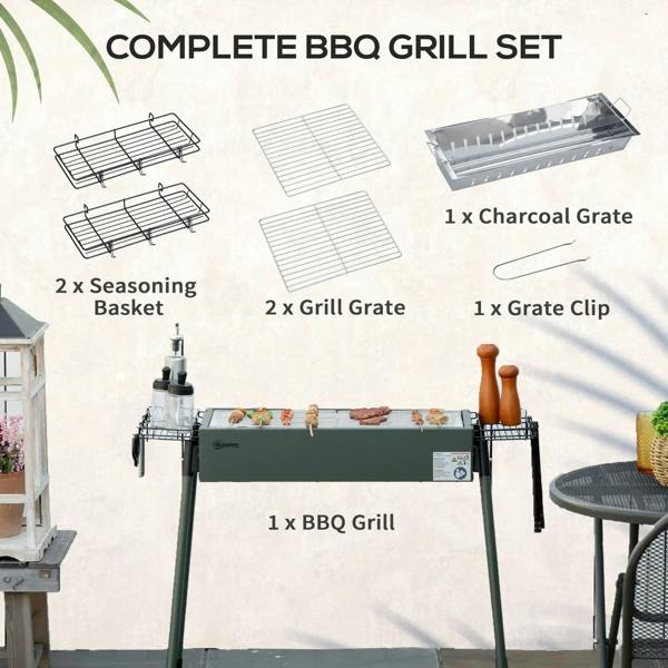 Green portable charcoal BBQ grill complete set with charcoal grate and seasoning baskets