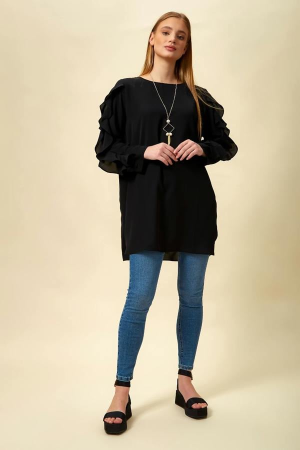 Hoxton Gal Oversized Ruffle Sleeve Relaxed Fit Tunic in Black